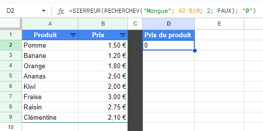 Exemple d'utilisation de la fonction Google Sheets RECHERCHEV entournée de la fonction SIERREUR pour gérer les erreurs si la valeur recherchée n'est pas présente dans le tableau.