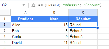 Exemple d'utilisation de la fonction Google Sheets SI