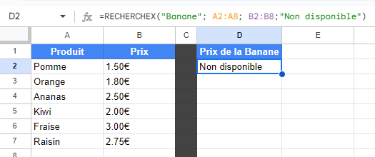 Exemple d'utilisation de la fonction RECHERCHEX dans Google Sheets avec gestion des erreurs. Si le produit n'est pas trouvé, 'Non disponible' est affiché.