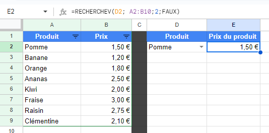 Exemple d'utilisation de la fonction Google Sheets RECHERCHEV pour trouver le prix d'une pomme dans un tableau.