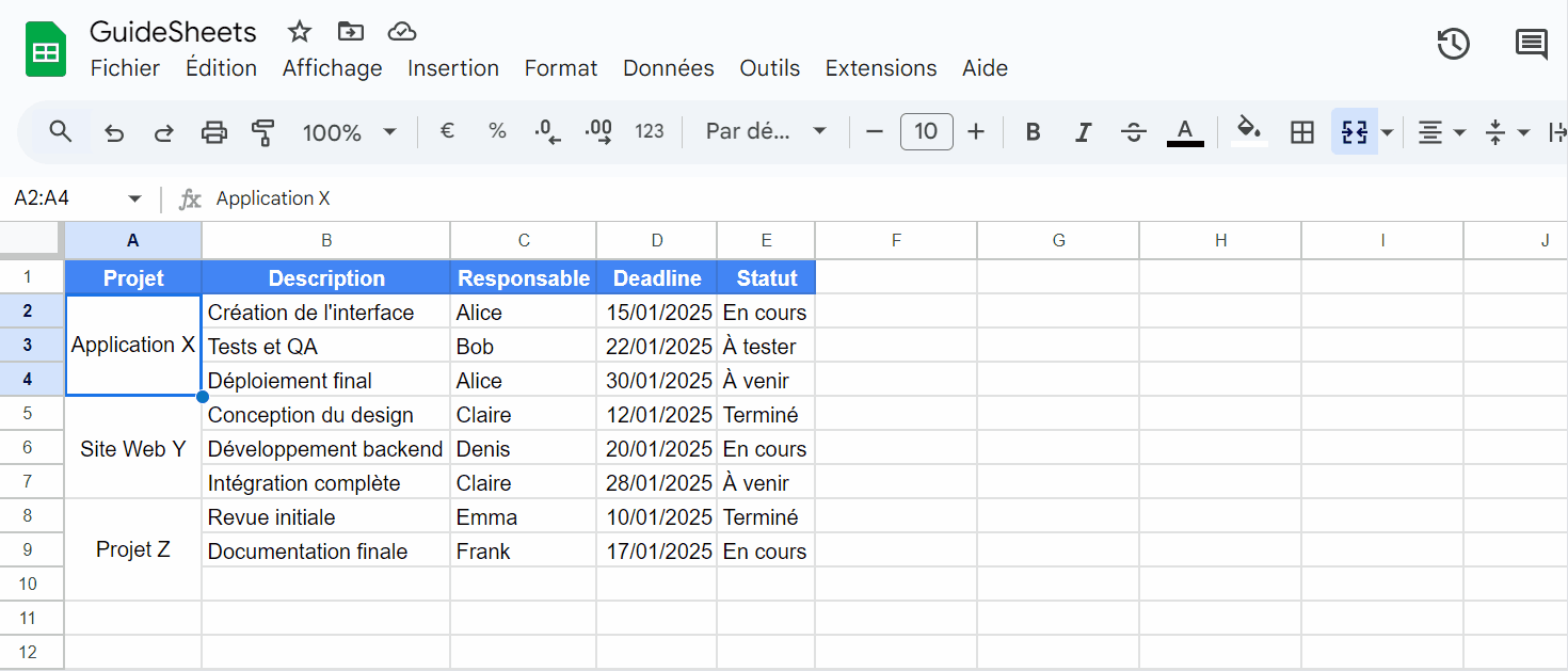 Démonstration de l'action d'annuler la fusion d'une seule cellule sur Google Sheets.