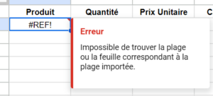 Message d'erreur dans Google Sheets signalant que la plage spécifiée est introuvable.