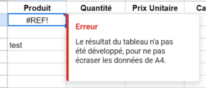 Message d'erreur dans Google Sheets montrant que des données existantes empêchent le développement des résultats de l'importation, pour éviter d'écraser les informations déjà présentes.