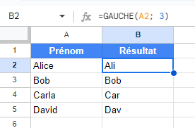 Utilisation de la fonction Google Sheets GAUCHE pour extraire les 3 premières lettres des prénoms dans une colonne.