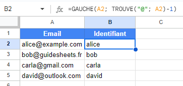 Extraction des identifiants d'email avec les fonctions Google Sheets GAUCHE et TROUVE, en récupérant les caractères avant le symbole "@".