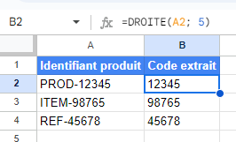 Utilisation de la fonction Google Sheets DROITE pour extraire les 5 derniers caractères d'un identifiant produit, comme les numéros de série.