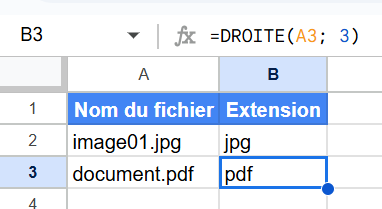 Extraction des extensions de fichiers (comme jpg et pdf) à l'aide de la fonction Google Sheets DROITE en récupérant les 3 derniers caractères.