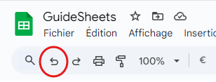 Screen de l'emplacement du bouton annuler (undo) dans la barre d'outil Google Sheets