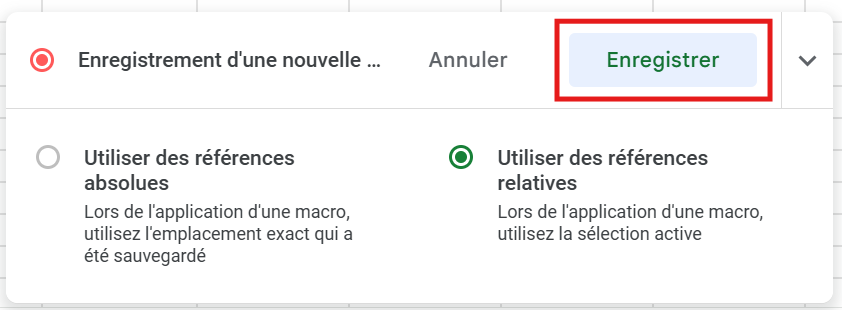 Bouton 'Enregistrer' mis en évidence dans la fenêtre d'enregistrement d'une macro sur Google Sheets.