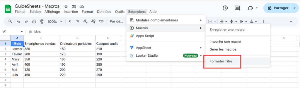 Menu des macros enregistrées dans Google Sheets, montrant la macro 'Formatter Titre' prête à être exécutée.