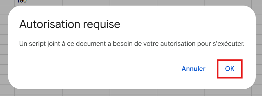 Message demandant l'autorisation d'exécuter une macro dans Google Sheets.