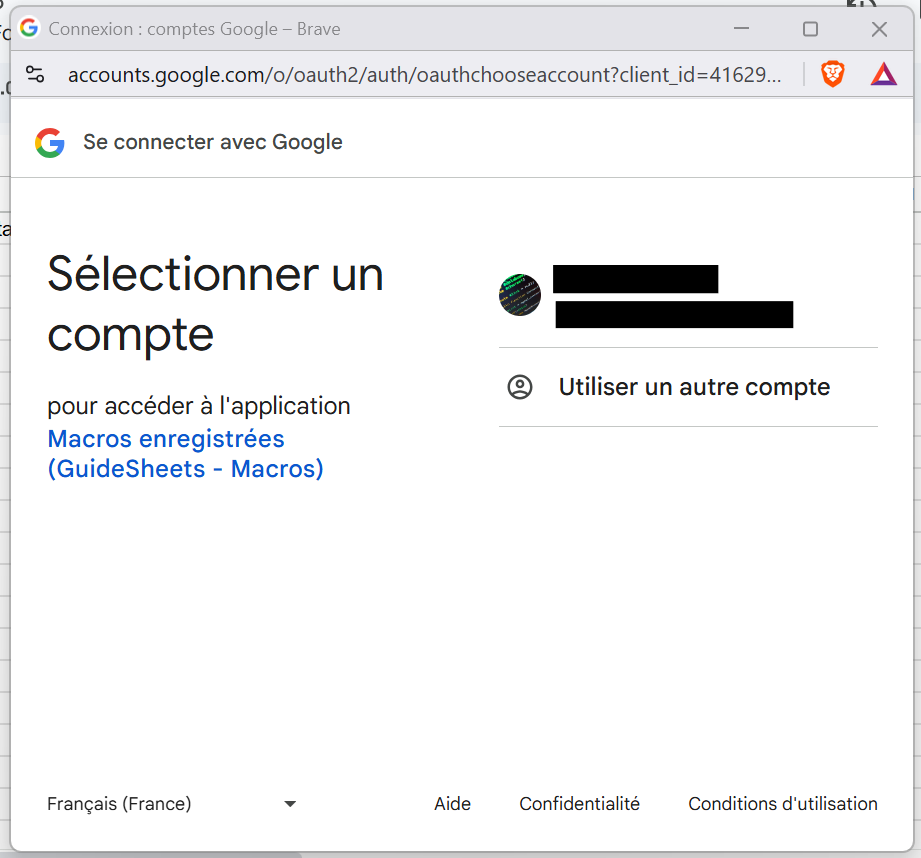 Fenêtre de sélection de compte Google pour autoriser l'exécution d'une macro enregistrée sur Google Sheets.