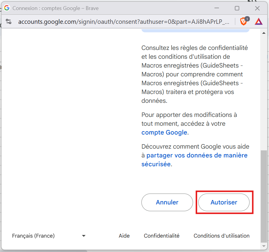 Fenêtre de confirmation d'autorisation pour exécuter une macro enregistrée sur Google Sheets.