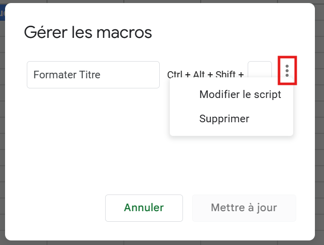 Fenêtre de gestion des macros dans Google Sheets, avec options pour modifier le script ou supprimer une macro.