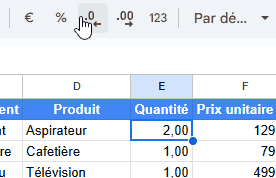Google Sheets, démonstration de la modification du nombre de décimales sur une cellule via la barre d’outils