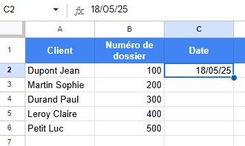 Démonstration de l'utilisation de la recopie incrémentée pour étendre une date dans Google Sheets
