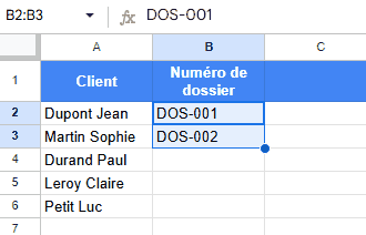 Démonstration de l'utilisation de la recopie incrémentée pour étendre des nombres avec un nombre inclu dans une chaine de caractères dans Google Sheets