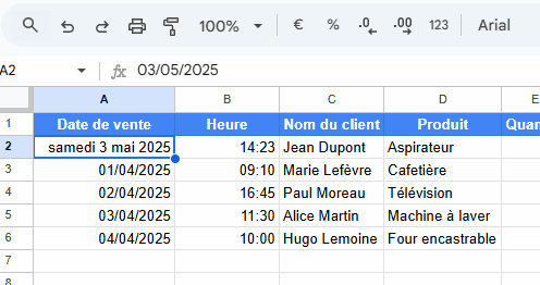 Démonstration de la copie du format de date dans Google Sheets à l’aide de l’outil "Copier le formatage".