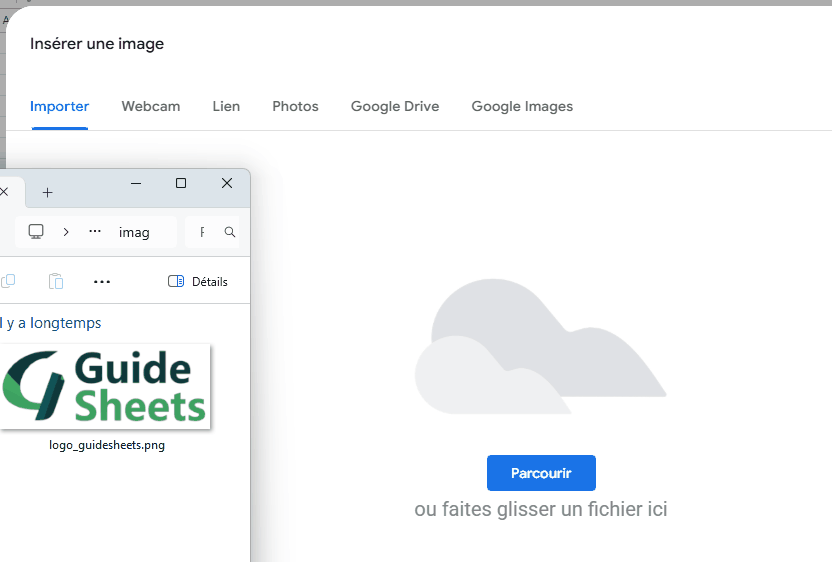 Démonstration d'importation d'une image via glisser déposer dans Google Sheets.