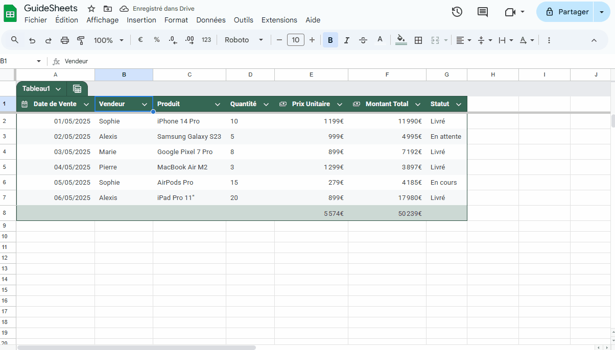 Démonstration d'insertion de menu déroulant dans un tableau de Google Sheets