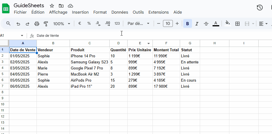 Démonstration d'utilisation du menu de Google Sheets pour convertir une plage de données en tableau