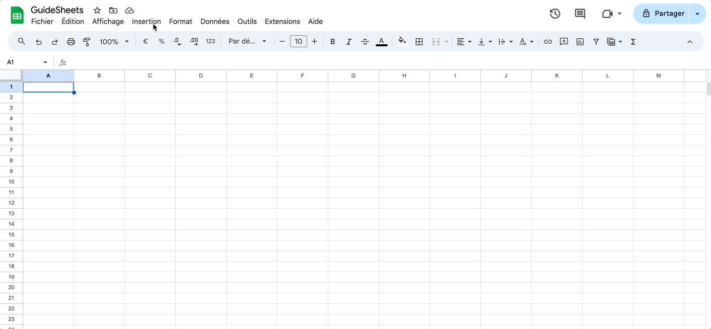 Menu Google Sheets montrant l’option d’insertion de tableau à partir de modèles prédéfinis