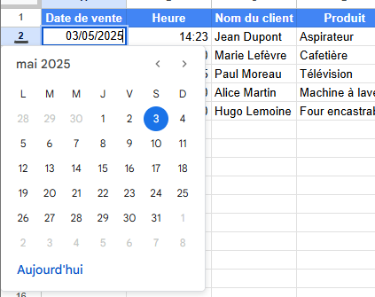 Démonstration du calendrier intégré dans Google Sheets permettant de sélectionner une date directement dans une cellule.