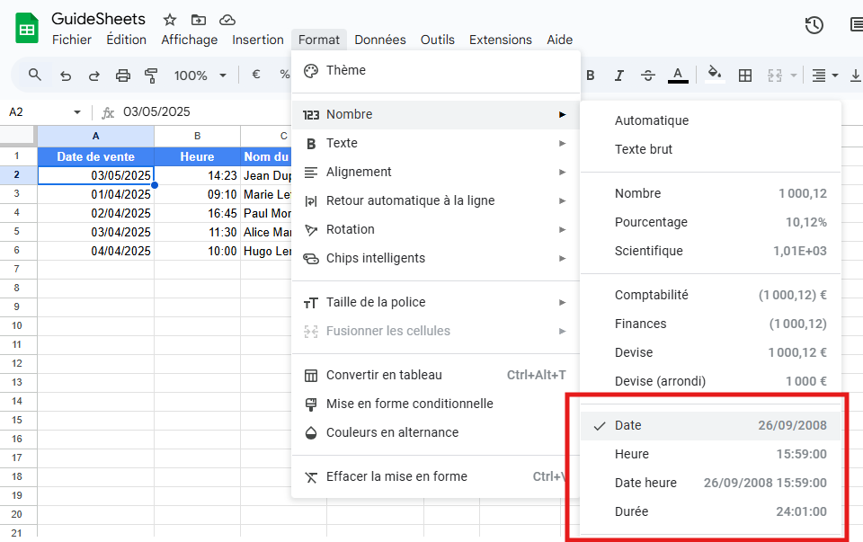 Menu Format de Google Sheets affichant les options de format numérique, surlignant les options de formatage des dates.