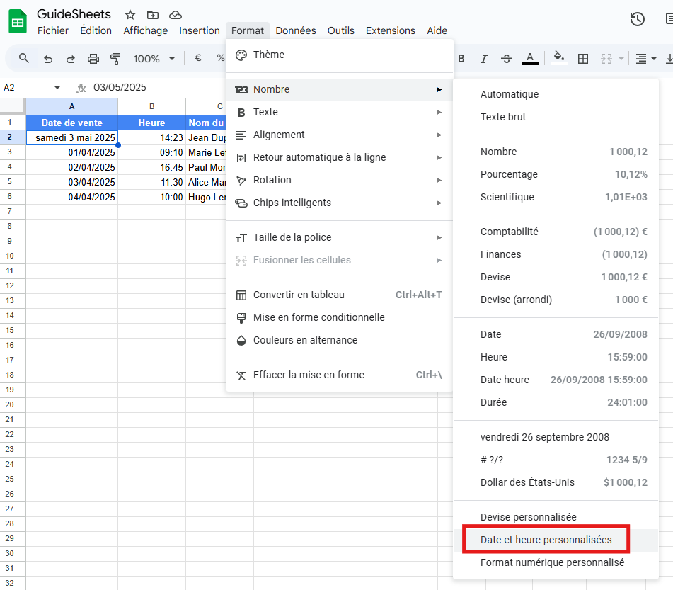 Menu Format de Google Sheets avec l’option Date et heure personnalisées surlignée en bas de la liste des formats numériques