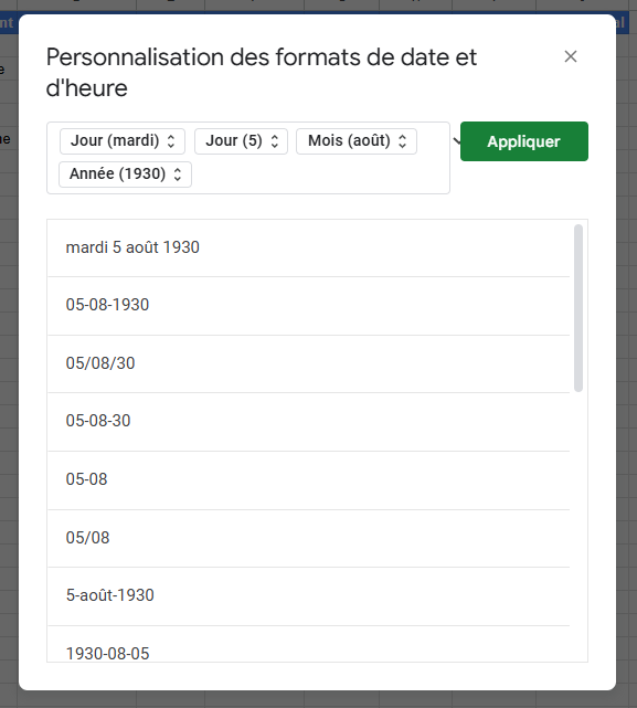 Interface de personnalisation des formats de date et d’heure dans Google Sheets montrant différentes structures de date au choix