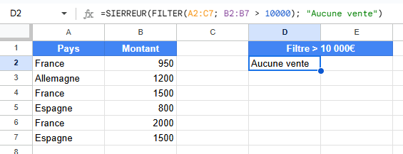 Fonction SIERREUR appliquée à FILTER dans Google Sheets pour gérer les erreurs.
