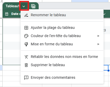 Menu des paramètres du tableau dans Google Sheets avec des options pour renommer, ajuster la plage et configurer la mise en forme