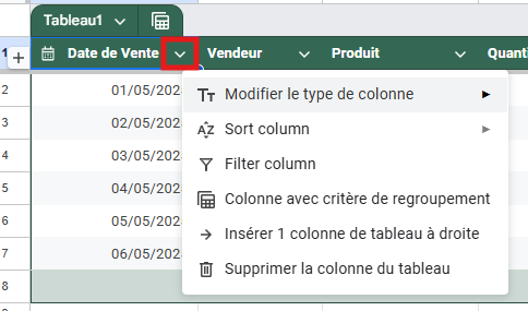 Menu de configuration des colonnes dans un tableau Google Sheets avec les options de tri, de filtre, et de regroupement