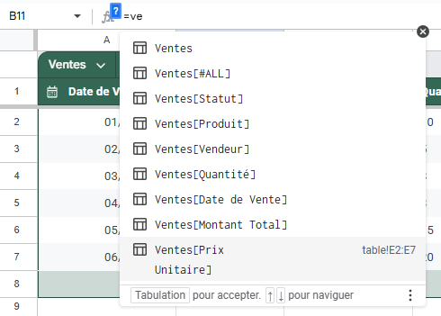 Démonstration de la saisie automatique des références de colonnes dans un tableau Google Sheets avec les options de référence dynamique