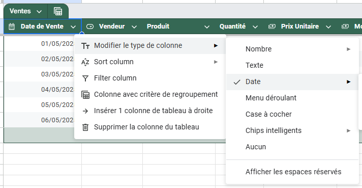 Menu de configuration des colonnes dans un tableau Google Sheets avec les options pour modifier le type de colonne, trier, filtrer et regrouper les données