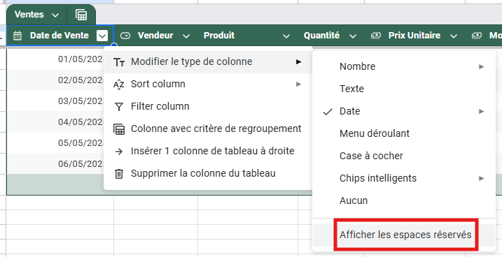 Menu de configuration des colonnes dans Google Sheets avec l'option pour afficher les espaces réservés dans les cellules vides.