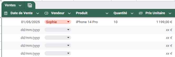 Tableau Google Sheets avec des espaces réservés affichés dans les cellules vides pour indiquer le format de saisie attendu (date et prix)