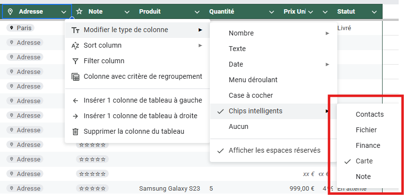 Menu de configuration des colonnes dans Google Sheets avec les options de type Chips intelligents, y compris Contacts, Fichier, Finance, Carte et Note