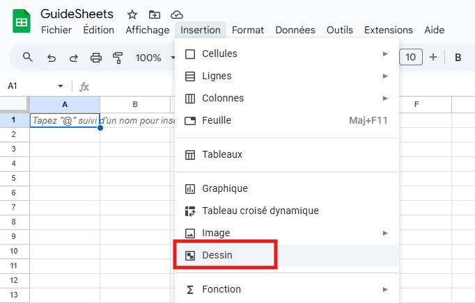 Menu Insertion de Google Sheets avec option Dessin surlignée