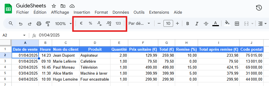 Barre de raccourcis de Google Sheets montrant les boutons de formatage rapide pour devise, pourcentage et décimales