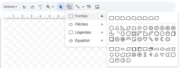 Menu des formes dans l’éditeur de dessin de Google Sheets, avec diverses options de formes