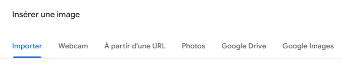 Options d’insertion d’image dans l’éditeur de dessin de Google Sheets (Importer, Webcam, URL, Drive)