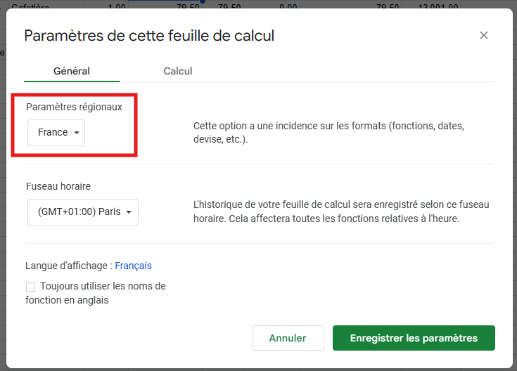 Fenêtre des paramètres de Google Sheets avec la sélection du paramètre régional France pour adapter les formats