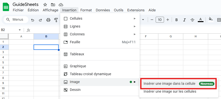 Importer une image dans la cellule via le menu principal dans Google Sheets