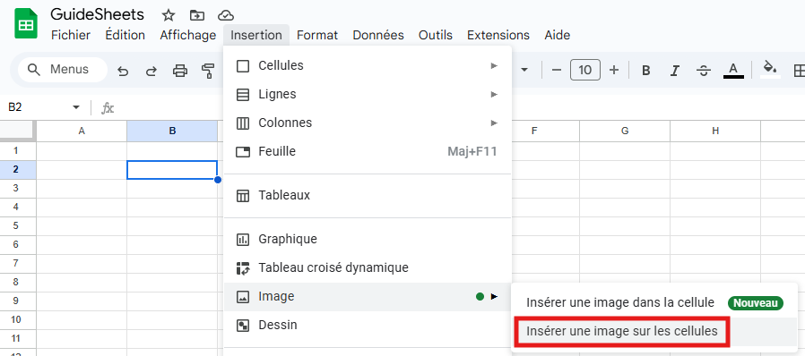 Menu d'insertion dans Google Sheets avec l'option "Insérer une image dans la cellule" sélectionnée.
