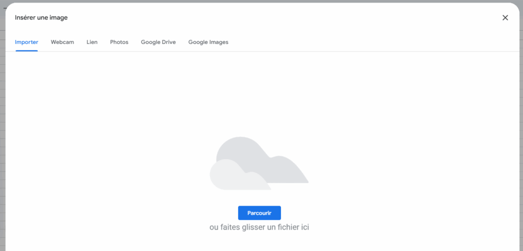 Fenêtre d'importation d'une image dans Google Sheets avec plusieurs options (Importer, Webcam, Lien, Photos, Google Drive, Google Images)