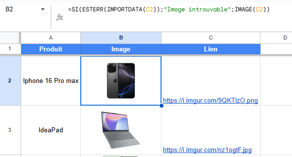 Tableau Google Sheets affichant une liste de produits avec leurs images insérées via la fonction IMAGE.