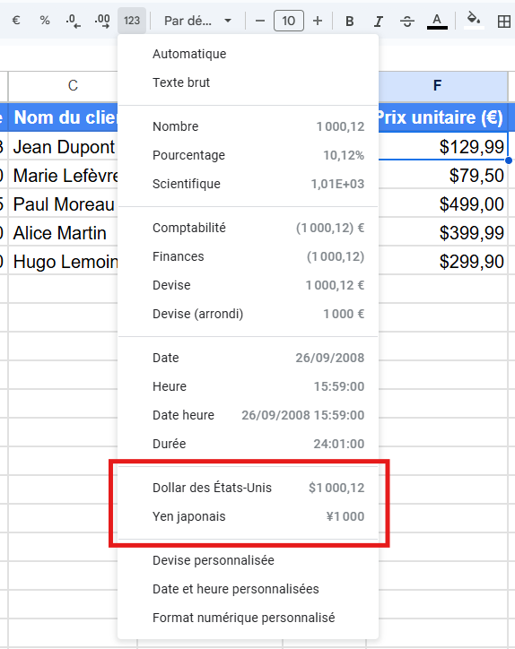 Menu déroulant dans Google Sheets montrant les formats récemment utilisés pour un accès rapide à ces derniers