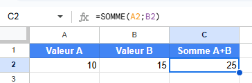 Démonstration du calcul de la somme de deux cellules avec la fonction SOMME dans Google Sheets.