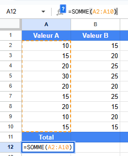 Somme d'une plage de cellules verticales avec la fonction SOMME dans Google Sheets